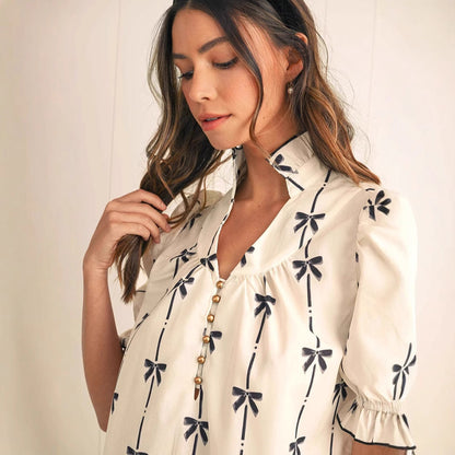 Women’s A-Line Dress – Lightweight Cotton – Puff Sleeve – Bow Print – Above Knee