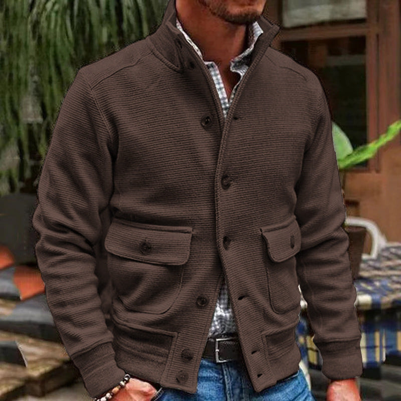 Men’s Jacket – Slim Fit – Textured Fabric – High Collar – Button Front – Flap Pockets