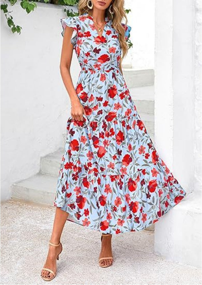 Women’s Mid-Length Dress – V-Neck – Flutter Sleeves – Relaxed Fit – Breathable Blend – Printed Pattern