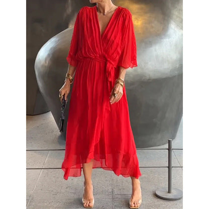 Women’s Maxi Dress – Relaxed Fit – Batwing Sleeves – Tie Waist – Asymmetrical Hem