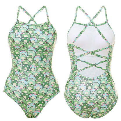 Women's Swimsuit - Crisscross Strappy Back - Adorable Frog Pattern