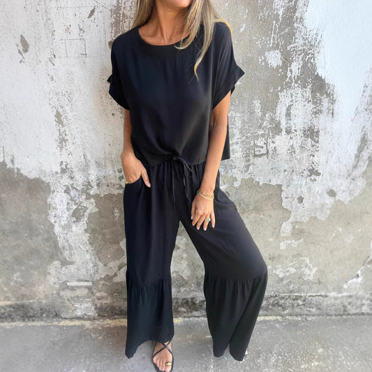 Women’s Two-Piece Suit Set – Relaxed Fit – Short Sleeve Top – Wide Leg Trousers – Cotton Linen