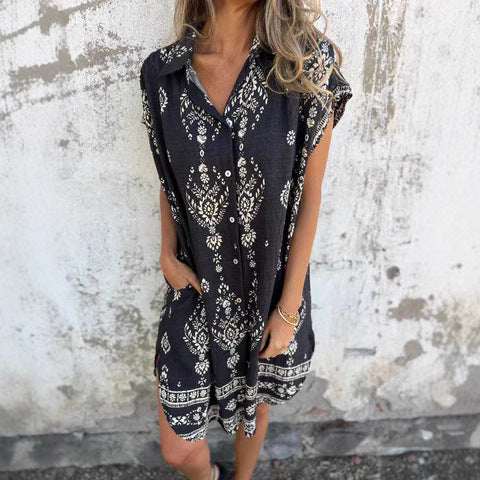 Women’s Shirt Dress – Relaxed Fit – Bohemian Print – Natural Fibers – Mini Length