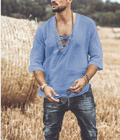Men’s Casual Shirt – Relaxed Fit – Lace-Up V-Neck – 3/4 Sleeve – Lightweight Breathable