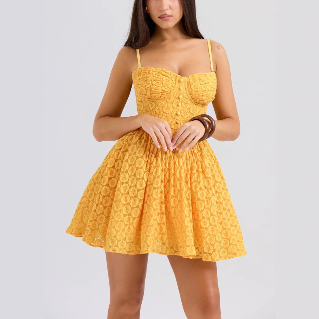 Women’s Mini Dress – Lace Jacquard – A-Line Fit – Sweetheart Neck – Spaghetti Straps