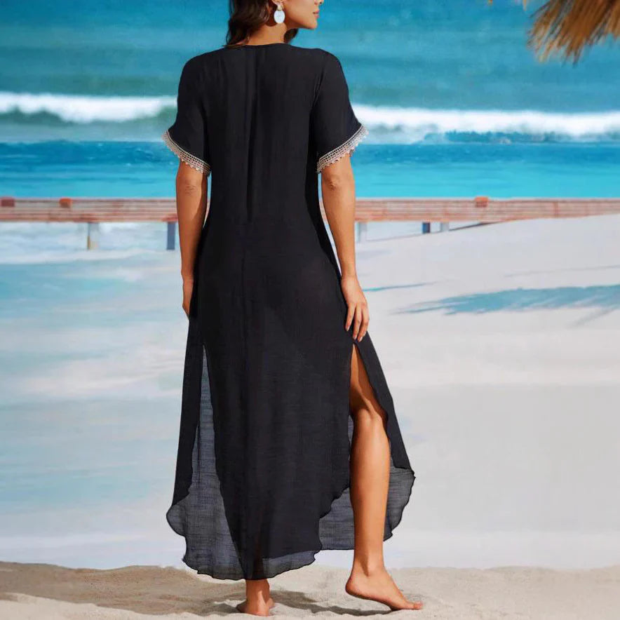 Women’s Long Dress – Flowing Fit – V-Neck – Side Slit – Decorative Stitching