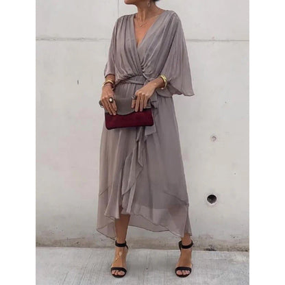 Women’s Maxi Dress – Relaxed Fit – Batwing Sleeves – Tie Waist – Asymmetrical Hem