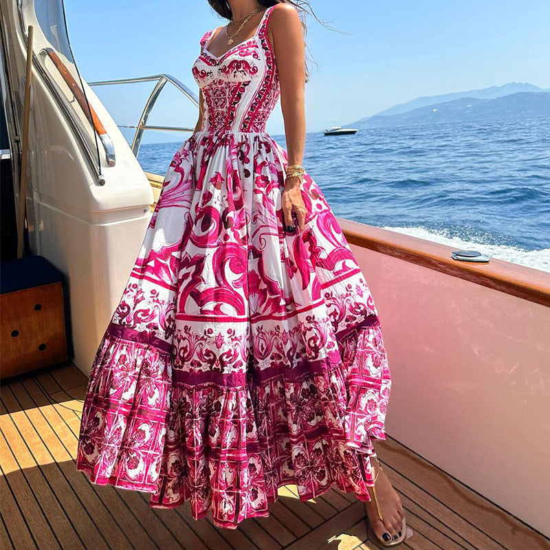 Women’s Maxi Dress – Fitted Bodice – Tiered Skirt – Breathable Blend – Printed Design