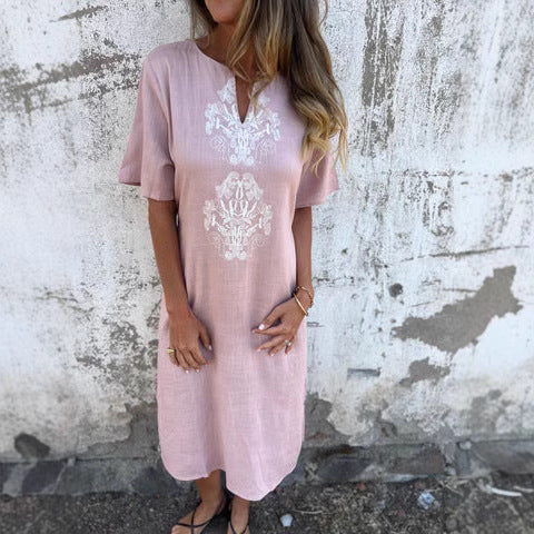 Women’s Midi Dress – Relaxed Fit – Embroidered Front – Natural Fibers – Short Sleeve