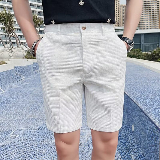 Men’s Slim Fit Shorts – Textured Woven Fabric – Button Waist – Knee Length – Belt Loops