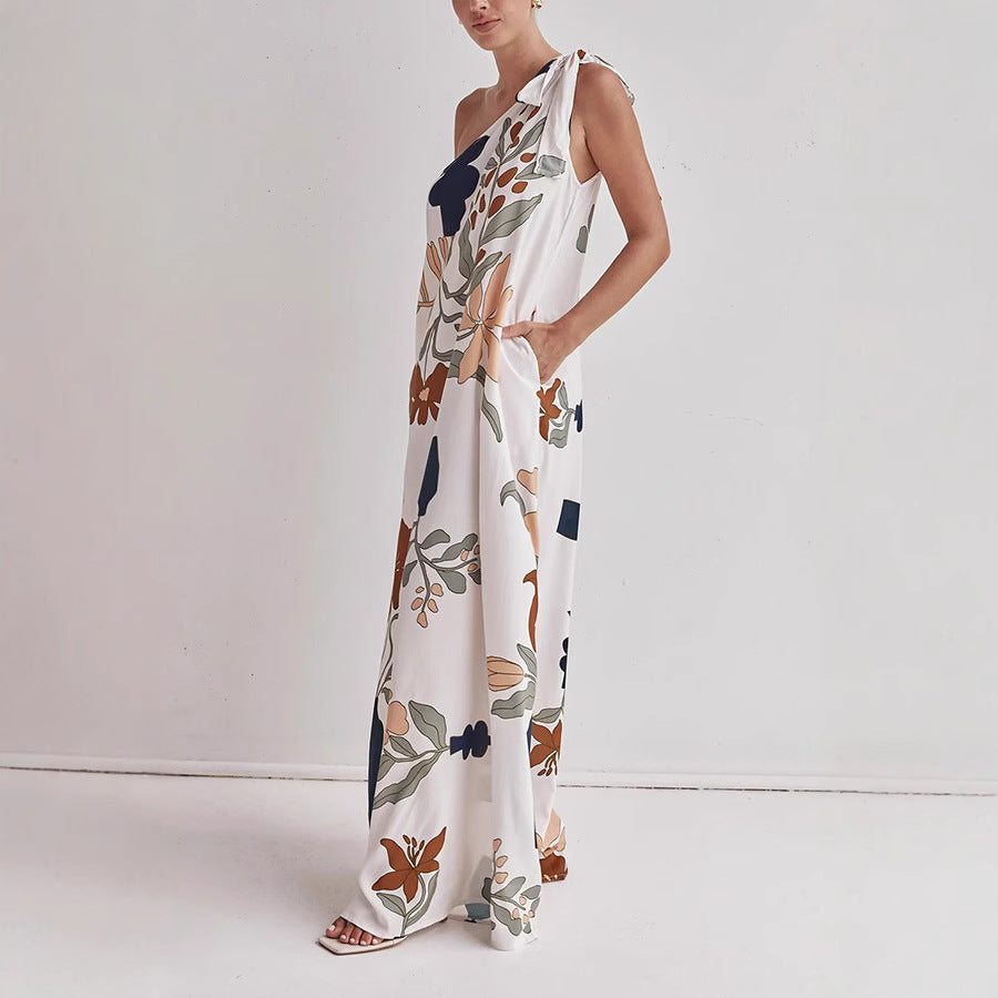 Women’s One-Shoulder Dress – Flowing Cotton – Loose Fit – Bold Print – Full Length
