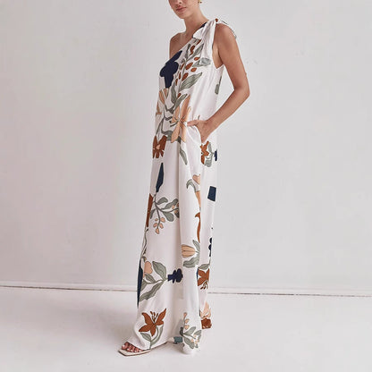 Women’s One-Shoulder Dress – Flowing Cotton – Loose Fit – Bold Print – Full Length