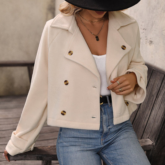 Women’s Cropped Jacket – Oversized Fit – Plush Soft Touch – Double-Breasted Style
