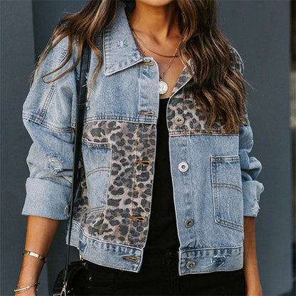 Women’s Denim Jacket – Relaxed Fit – Leopard Print Panels – Distressed – Button Front