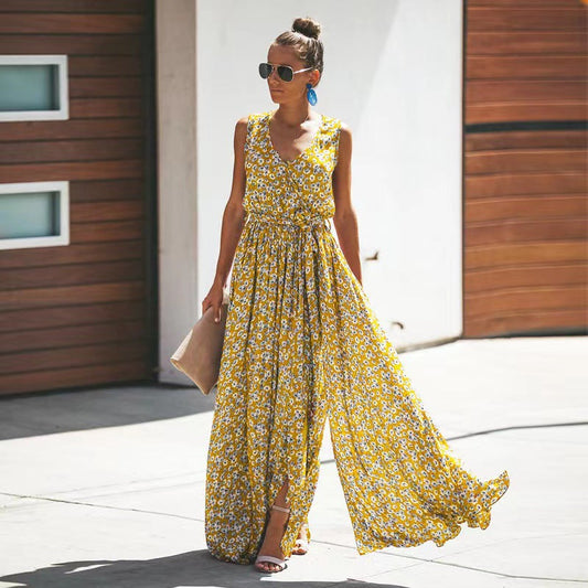 Women’s Maxi Dress – Deep V-Neck – Flowy Fit – Cinched Waist – Boho Style – Lightweight Fabric