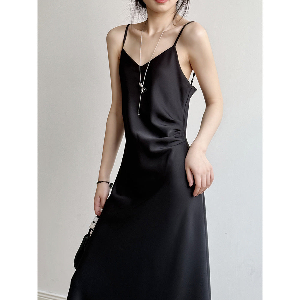 Women’s Camisole Dress – Satin Fabric – A-Line Fit – Spaghetti Straps – Full Length