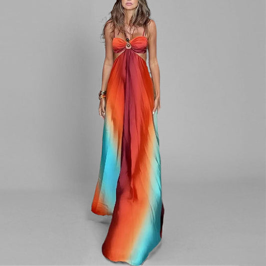 Women’s Maxi Dress – Flowy Fit – Spaghetti Straps – Ring Detail – Gradient Pattern