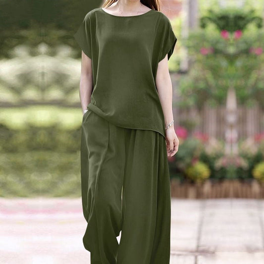 Women’s Two-Piece Set – Loose Fit Blouse – Wide-Leg High-Waist Trousers – Breathable Fabric