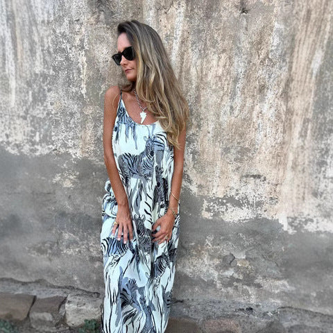 Women’s Maxi Dress – Relaxed Fit – Natural Fibers – Adjustable Straps – Pockets – Animal Print