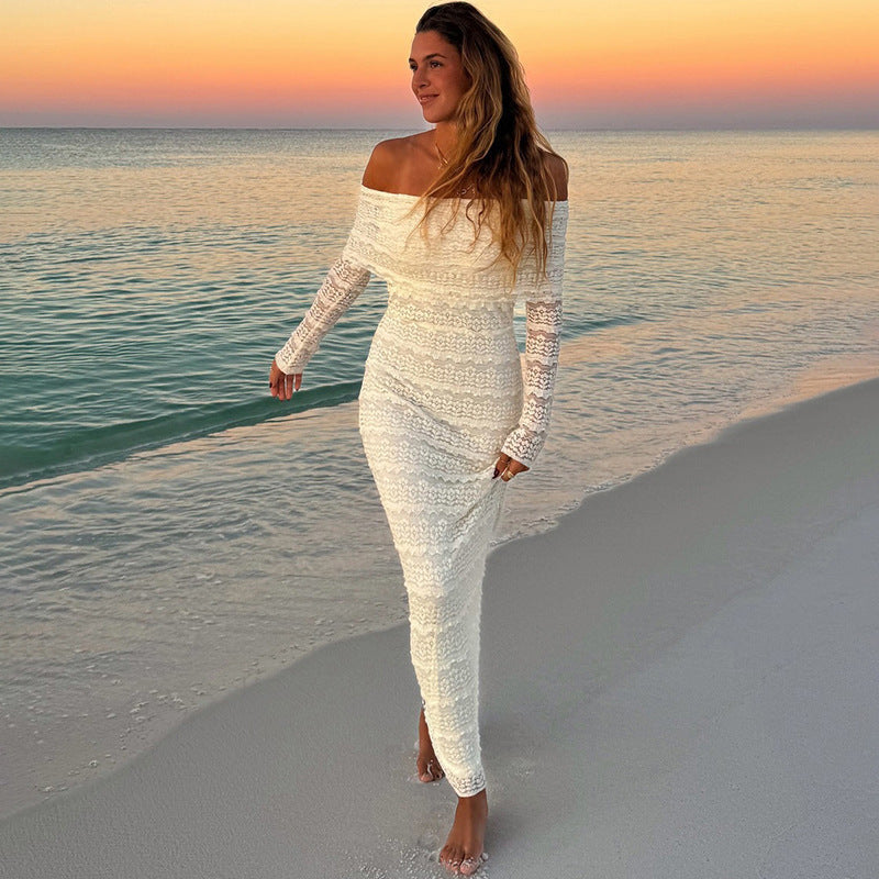 Women’s Maxi Dress – Slim Fit Lace – Off-Shoulder – Long Sleeve Formal Wear