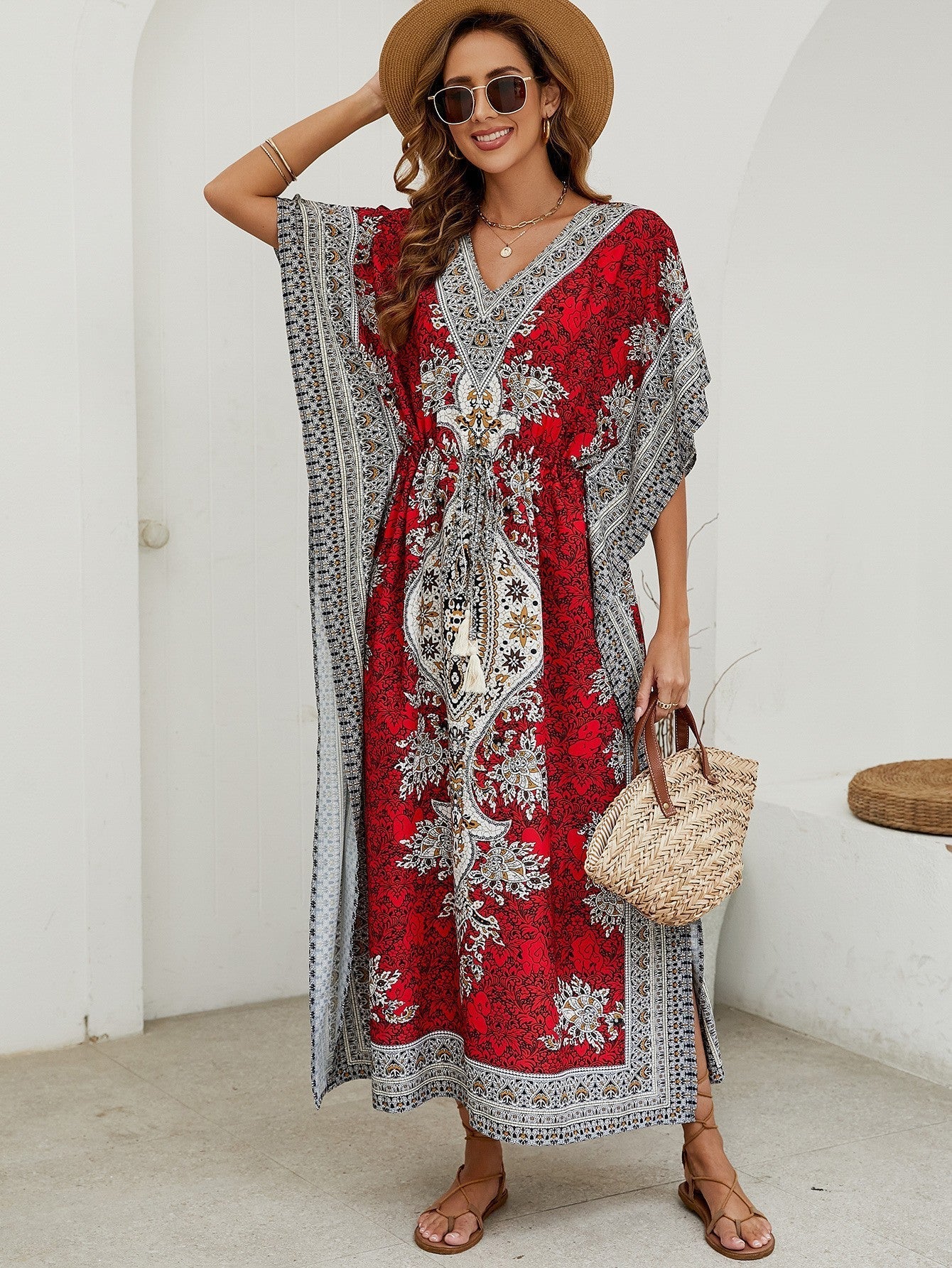 Women’s Maxi Dress – Relaxed Fit – V-Neck – Short Wide Sleeves – Ornate Pattern