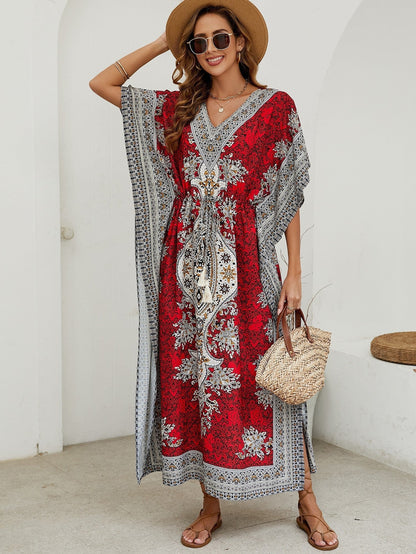 Women’s Maxi Dress – Relaxed Fit – V-Neck – Short Wide Sleeves – Ornate Pattern