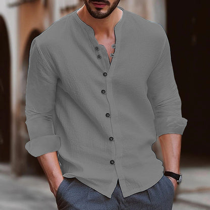 Men’s Long Sleeve Shirt – Cotton Linen Blend – Relaxed Fit – Band Collar – Button Up