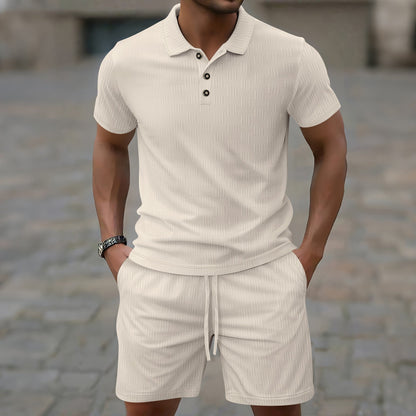 Men’s Casual Set – Short-Sleeve T-Shirt – Slim Fit – Textured Cotton Blend – Structured Collar – Button Placket