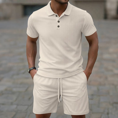 Men’s Casual Set – Short-Sleeve T-Shirt – Slim Fit – Textured Cotton Blend – Structured Collar – Button Placket