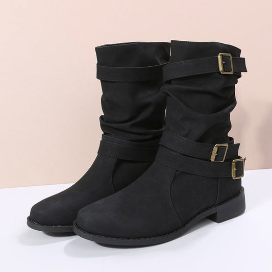 Women’s Mid-Calf Boots – Chunky Heel – Buckle Straps – Round Toe – Casual Fit