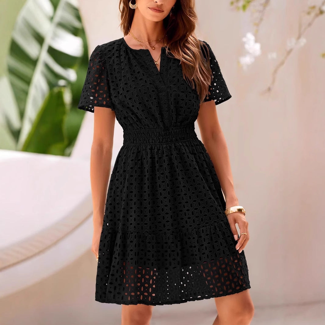 Women’s A-Line Dress – V-Neck – Eyelet Detail – Short Sleeve – Breathable Cotton Blend