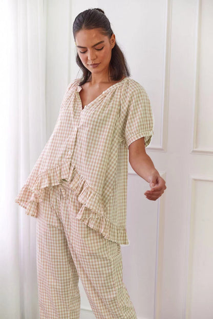 Women’s Matching Shirt and Pant Set – Lightweight Cotton – Relaxed Fit – Ruffle Trim