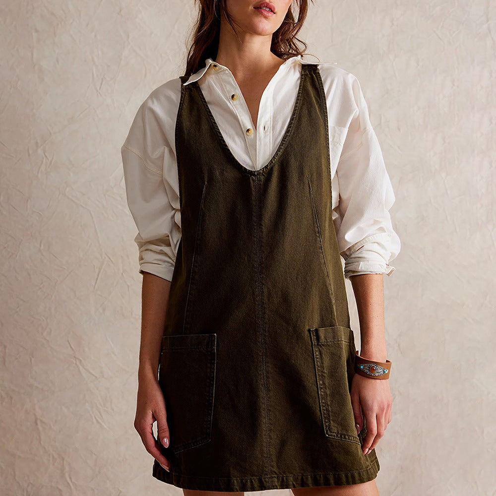 Women’s Mini Dress – Relaxed Fit – Natural Fibers – Deep V-Neck – Sleeveless – Pockets