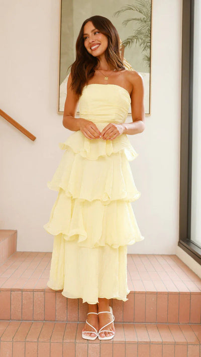 Women’s Strapless Midi Dress – Fitted Bodice – Tiered Ruffle Skirt – Lightweight Fabric