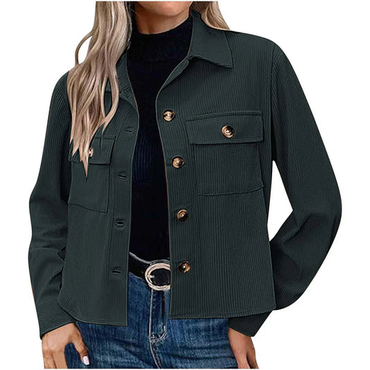 Women’s Utility Jacket – Relaxed Fit – Ribbed Texture – Button Front – Chest Pockets