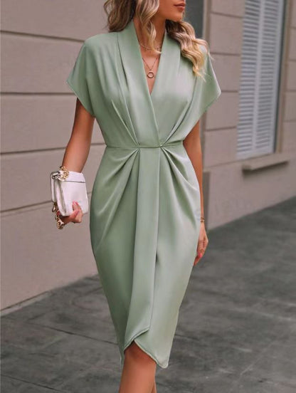 Women's Elegant Draped V-Neck Midi Dress - Versatile Chic