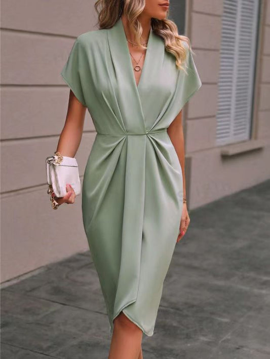 Women's Elegant Draped V-Neck Midi Dress - Versatile Chic