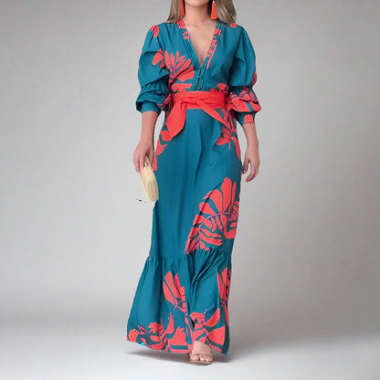 Women’s Maxi Dress – Puff Sleeve – V-Neck – Belted Waist – Bold Print – Button Detail