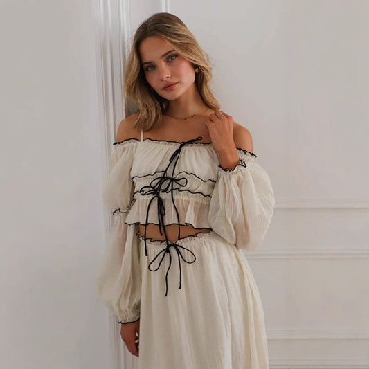 Women’s Two-Piece Set – Off Shoulder Top and Skirt – Ruffle Trim – Relaxed Fit – Boho Style