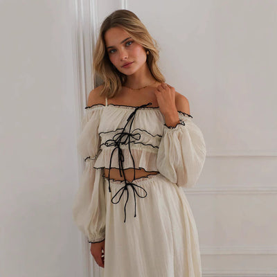 Women’s Two-Piece Set – Off Shoulder Top and Skirt – Ruffle Trim – Relaxed Fit – Boho Style