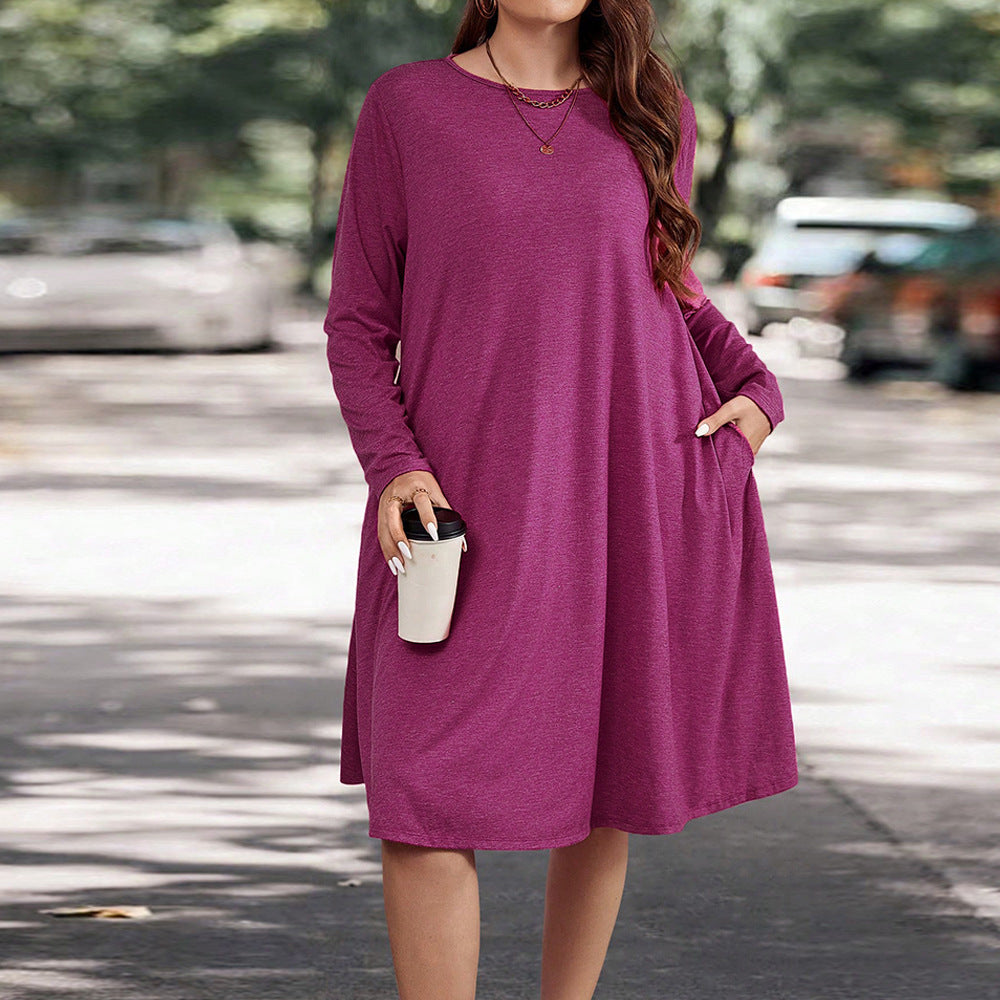 Women’s Long Sleeve Midi Dress – Relaxed Fit – Knit Fabric – Flowy A-Line with Pockets