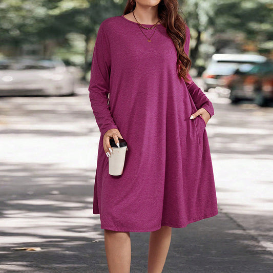 Women’s Long Sleeve Midi Dress – Relaxed Fit – Knit Fabric – Flowy A-Line with Pockets