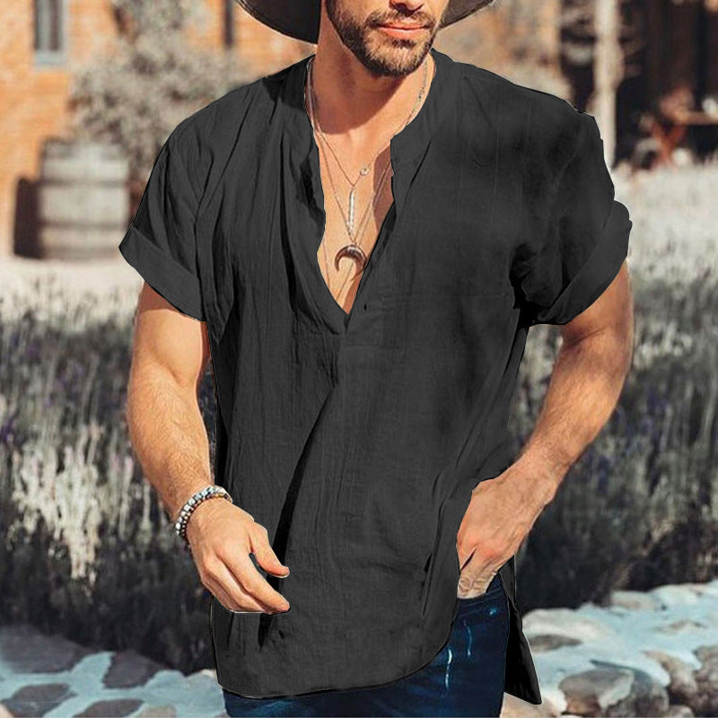 Men’s Casual Shirt – Relaxed Fit – Short Sleeve – V-Neck – Natural Fibers