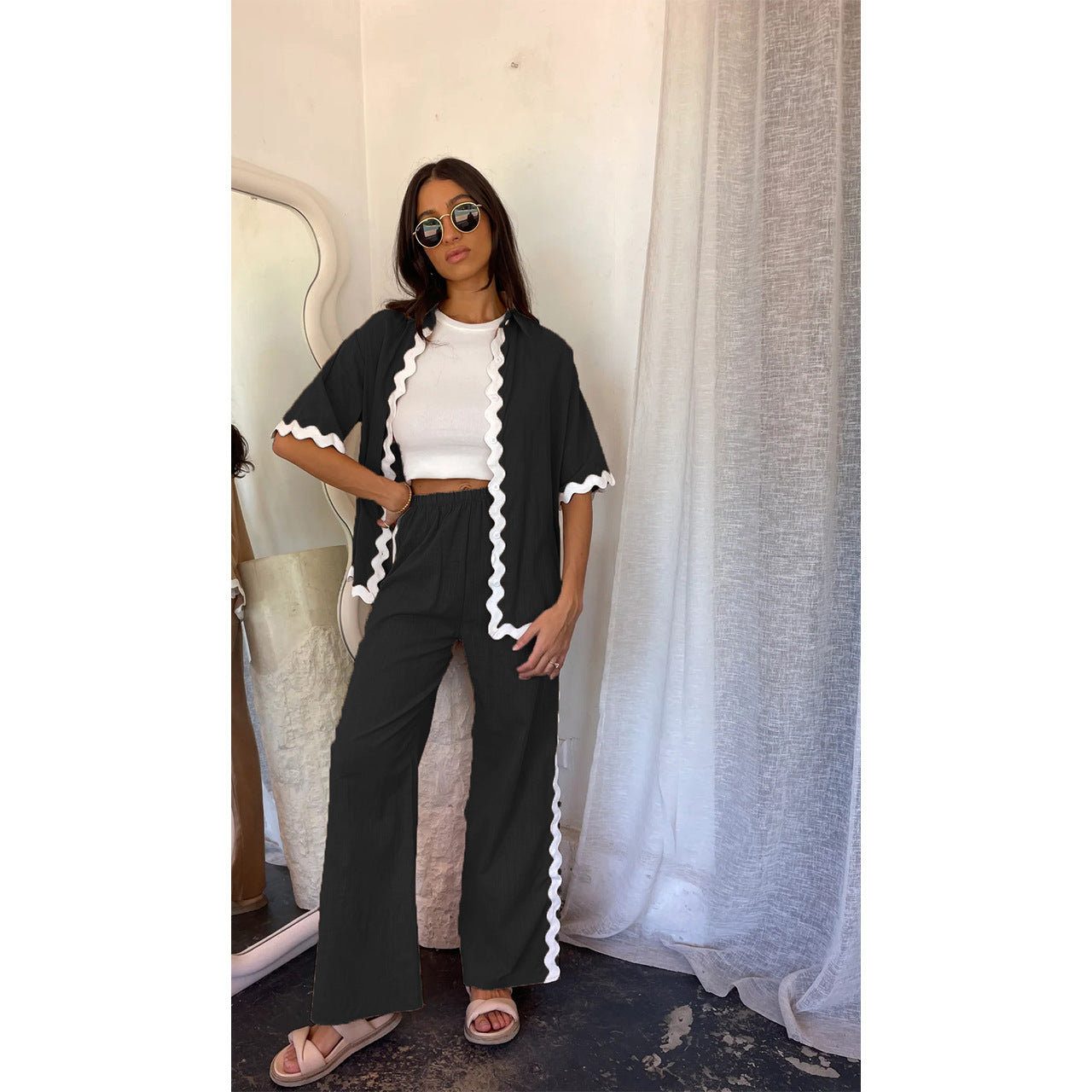 Women’s Two-Piece Set – Lightweight Cotton – Loose Fit – Scalloped Hem – Open Front