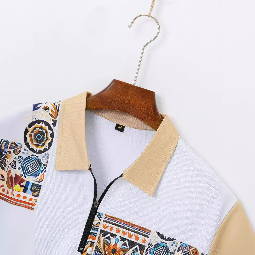Men’s Shirt and Shorts Set – Regular Fit – Cotton – Zipper Neck – Geometric Trim