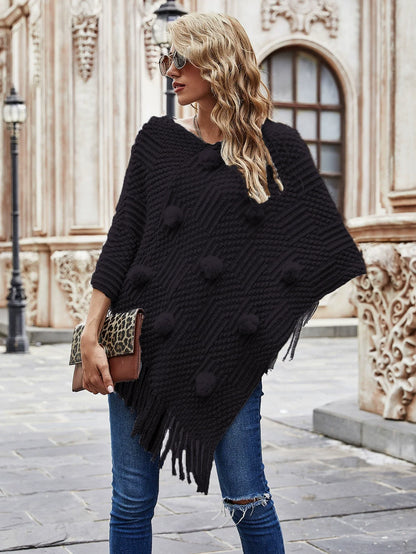 Women’s Shawl Sweater – Relaxed Fit – Knit Wool – Fur Ball & Tassel Trim