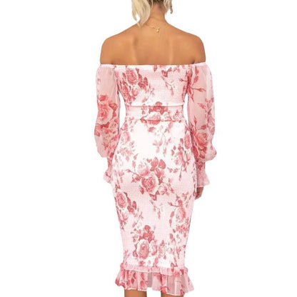 Women's Off-Shoulder Bodycon Dress - Floral Print - Sheer Puff Sleeves - Ruffled Hem