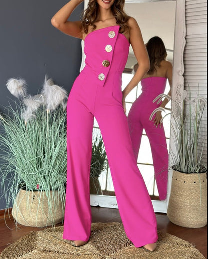 Women’s Flared Jumpsuit – Strapless Tube Top – Tailored Fit – Decorative Button Detail