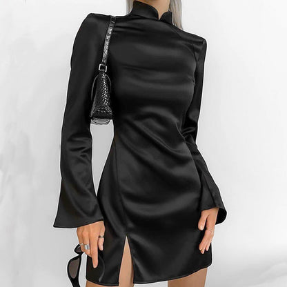 Women’s Mini Dress – Satin – Form-Fitting – Stand Collar – Bell Sleeve – Slit Hem