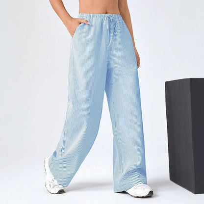 Women’s Straight-Leg Trousers – Relaxed Fit – Breathable – Drawstring Waist – Striped